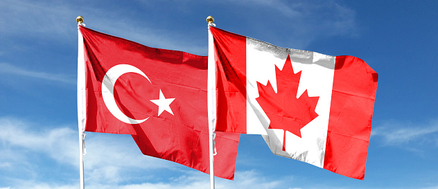 Turkish flag and Canadian flag on cloudy sky. fluttering in the sky