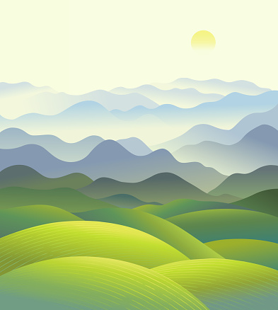 Hilly landscape with a panorama of mountain ranges in the fog. Vector illustration.