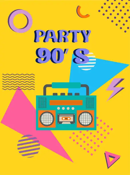 Vector illustration of Disco party banner. Retro music poster, 90s radio and tape cassette player colorful design