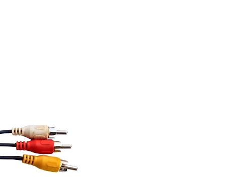 Red, yellow and white AV (Audio Visual) cables with a white background