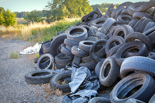 Dump of used tyres in the countryside