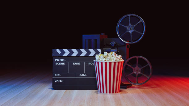 istock Movie podium background with movie objects, 3d rendering 1542598400