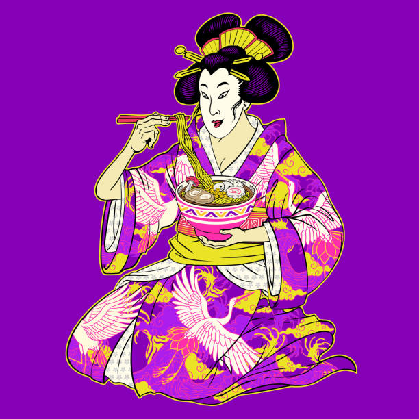 illustrations, cliparts, dessins animés et icônes de geisha japonaise mangeant des ramen avec un kimono traditionnel - tattoo japanese culture women asian ethnicity