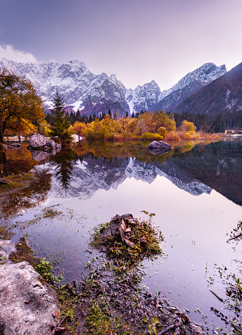View on lake of Jasna in Kranjska gora, Slovenia. Photographed in medium format.