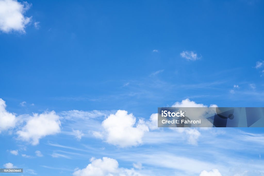 Beautiful blue sky and white cumulus clouds abstract background. Cloudscape background. Blue sky and fluffy white clouds on sunny days. Beautiful blue sky. World Ozone Day. Ozone layer. Summer sky. Abstract Stock Photo