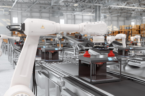 Smart Distribution Warehouse With Robotic Arms Working On 3D Printer Production