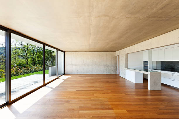 wide open space modern concrete house with hardwood floor, wide open space parquet floor perspective stock pictures, royalty-free photos & images