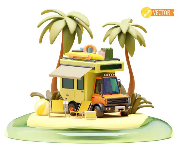 Vector illustration of Vector camper van on the beach camping