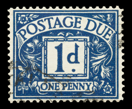 Mail stamp printed in the UK featuring the fine of one penny for postage due, circa 1940