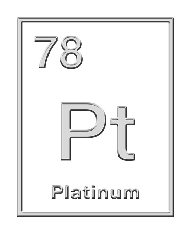 Platinum, chemical element, taken from periodic table, with relief shape. Noble and precious metal with chemical symbol Pt (Spanish plata for silver), and with atomic number 78. Isolated, over white.