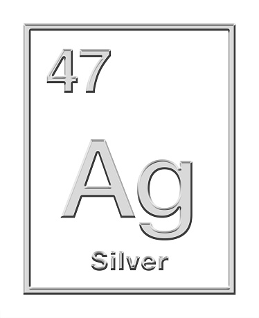 Silver, chemical element, taken from periodic table, with relief shape. Noble and precious metal with chemical symbol Ag (for Latin argentum), with atomic number 47. Isolated over white, illustration.