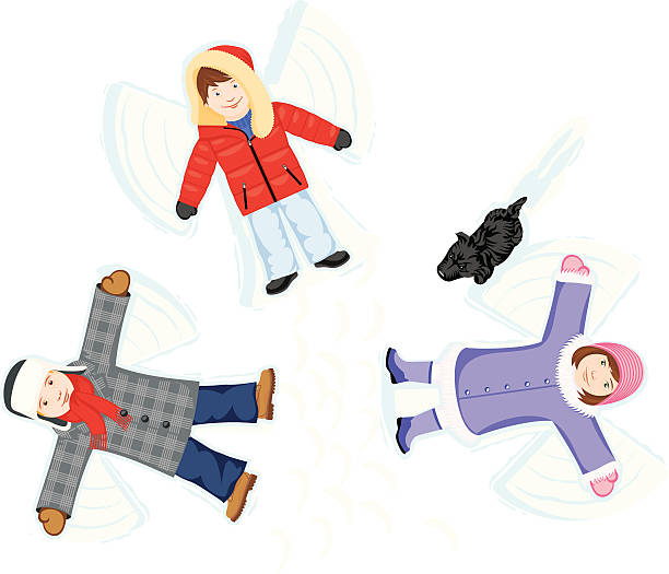 Overhead view of three cartoon children creating snow angels Three children make snow angels making snow angels stock illustrations