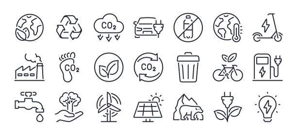 Carbon footprint, CO2 neutral, net zero, sustainable development editable stroke outline icons set isolated on white background flat vector illustration. Pixel perfect. 64 x 64. Carbon footprint, CO2 neutral, net zero, sustainable development editable stroke outline icons set isolated on white background flat vector illustration. Pixel perfect. 64 x 64. carbon dioxide stock illustrations
