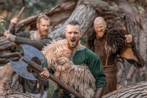 istock Three viking warriors on guard in an autumnal forest 1542689991