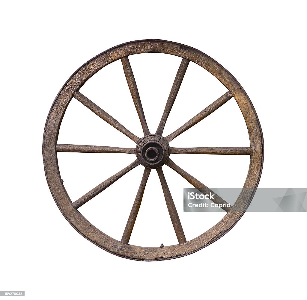 Wooden wagon wheel isolated on white background Old wooden wagon wheel on white Ancient Stock Photo