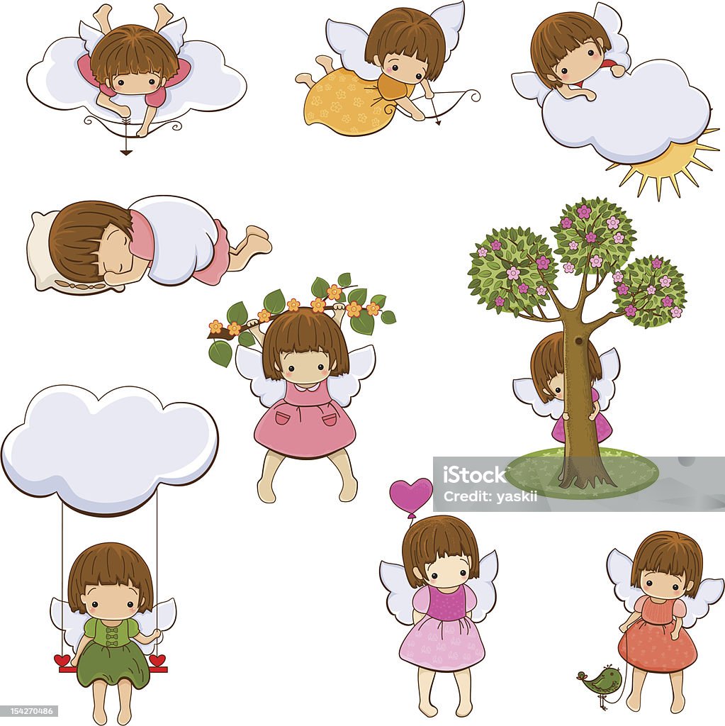 Angel girl. Set of little angel girls. Cupids. Isolated. Valentines Icons. Allegory Painting stock vector