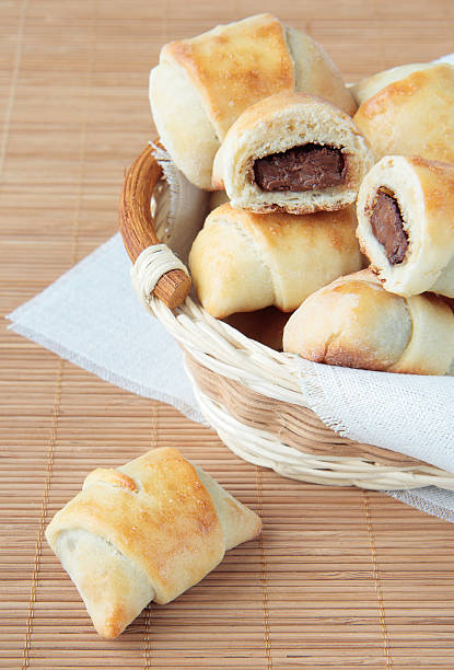 istock Basket of rolls with chocolate on bamboo napkin 154271425