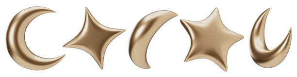 istock Golden 3D moons and stars group isolated on white background. Cut out design elements. Night, sweet dreams signs. Nighttime. 3D render. 1542714855