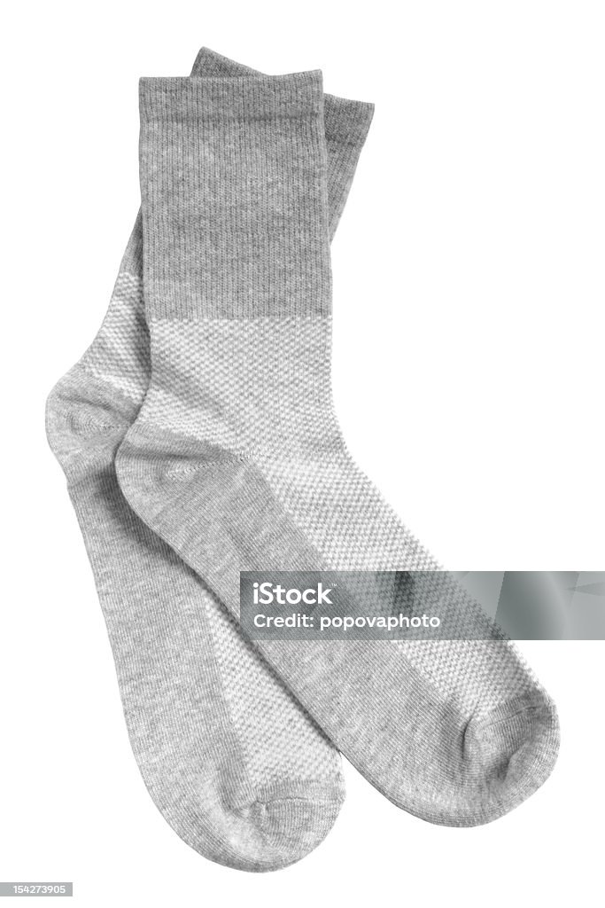 Close-up of gray crew socks isolated on white background Pair of gray socks isolated on a white background Sock Stock Photo