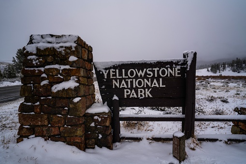 A wooden signboard with the text: Yellowstone National Park. United States.