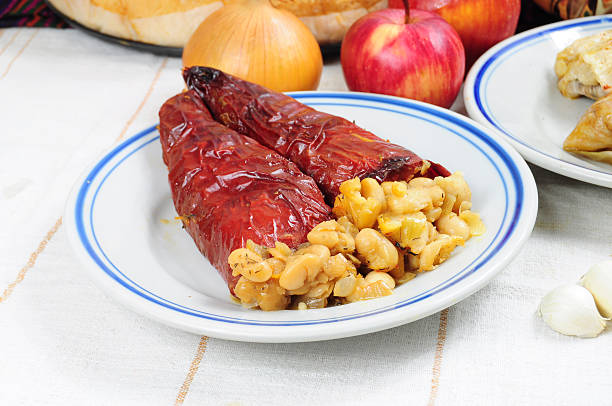 Traditional bulgarian lenten dish of dried peppers stuffed with beans