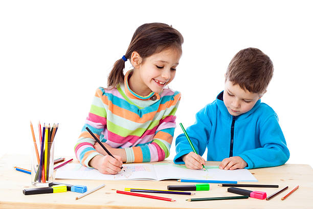 istock Two little kids draw with crayons 154276213