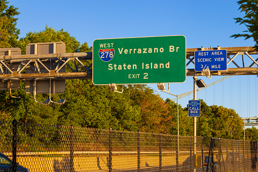 Exit Sign on Belt Parkway for Verrazano-Narrows Bridge on a summer evening. Canon EOS 6D full frame censor camera. Canon EF 85mm f/1.8 Prime Lens.