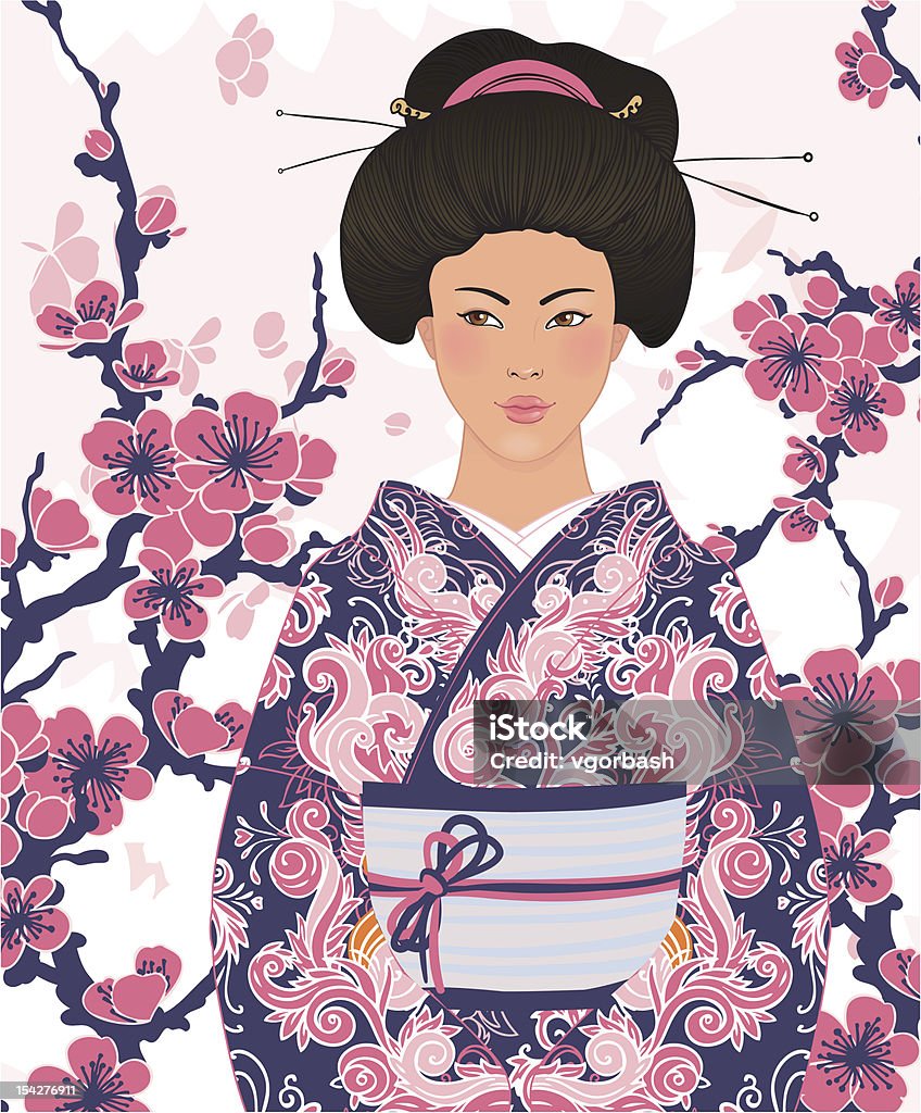 Hermosa mujer en un quimono japonés, sakura de fondo - arte vectorial de Geisha libre de derechos