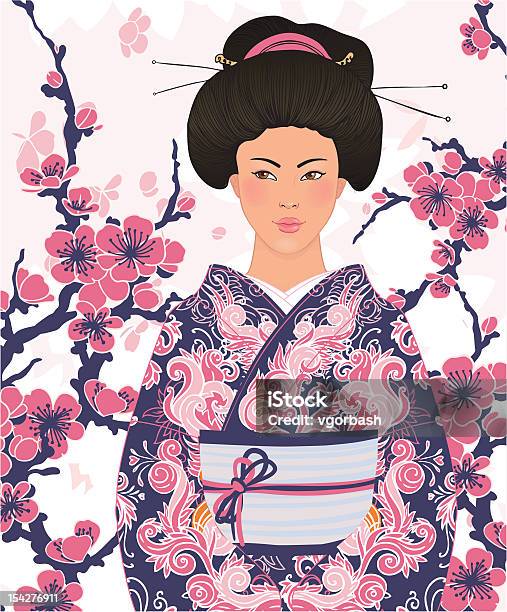 Bella Donna In Kimono Giapponese Sfondo Con Sakura - Immagini vettoriali stock e altre immagini di Educazione di una geisha