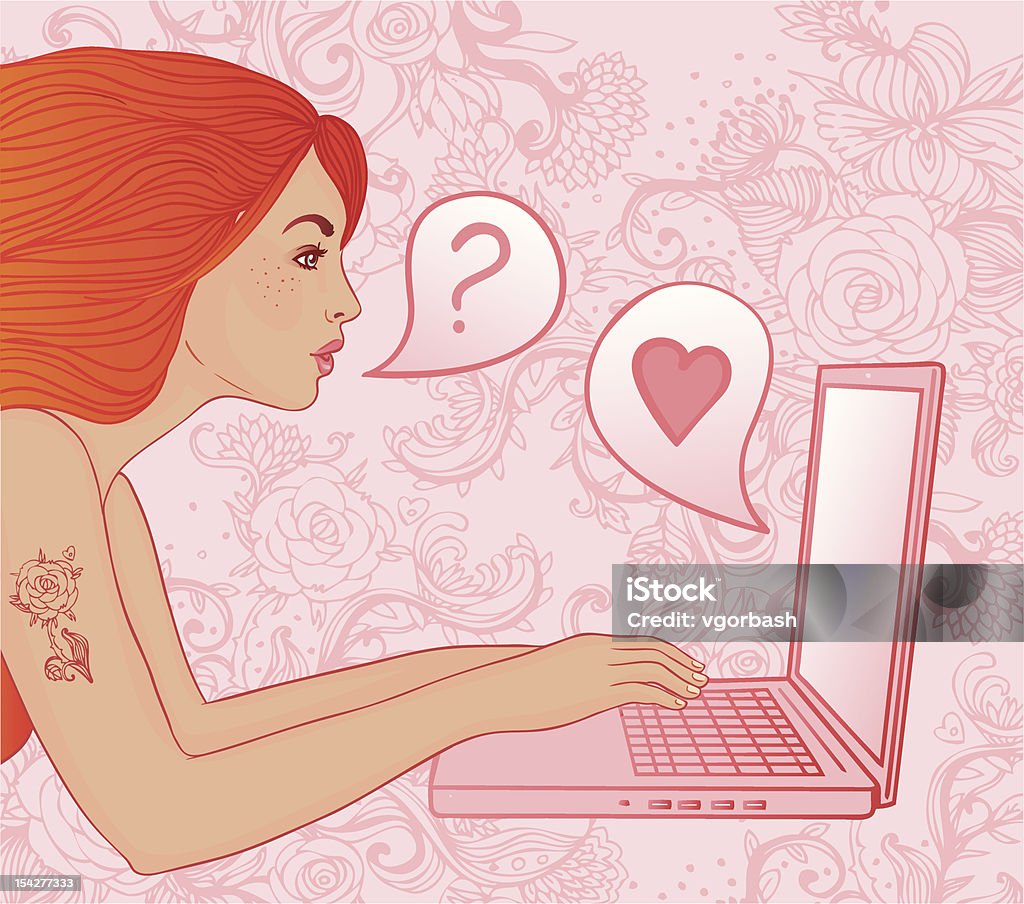 Love chat. Vector illusration. Young redhead woman reads the love message on a laptop. Vector illusration. Sensuality stock vector