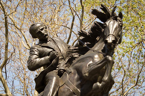 Boston, Massachusetts, USA - June 18, 2022: Equestrian statue of George Washington in the Boston Public Garden. Bronze statue (c 1864) on granite base, sculpted by Thomas Ball.