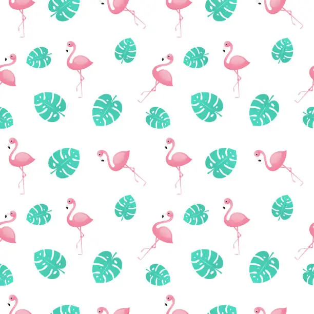 Vector illustration of Pink flamingos with jungle leaves seamless pattern, Vector background.