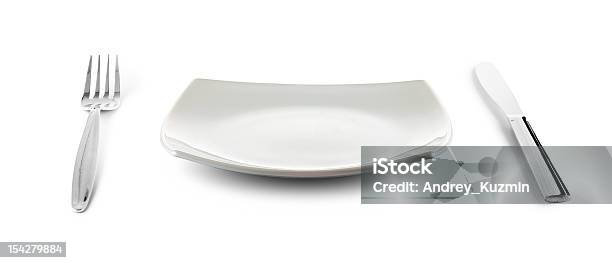 White Square Plate Knife And Fork Cutlery Isolated With Clippin Stock Photo - Download Image Now