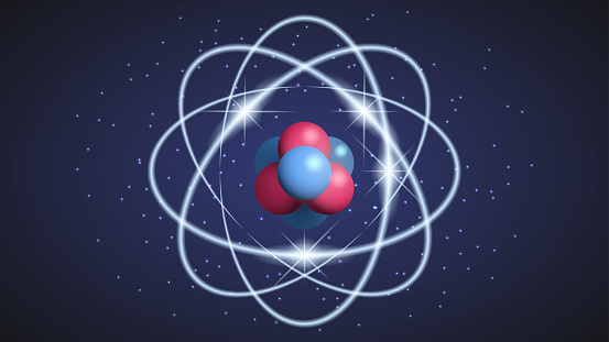 Atom isolated on dark blue background. Structure of an atom with protons neutrons and electrons.