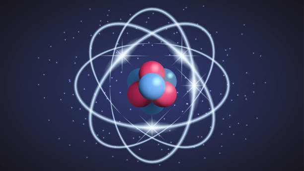 Atom isolated on dark blue background. Structure of an atom with protons neutrons and electrons. Atom isolated on dark blue background. Structure of an atom with protons neutrons and electrons. nuclear fission stock illustrations