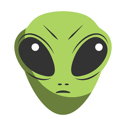 Green alien head with big black eyes