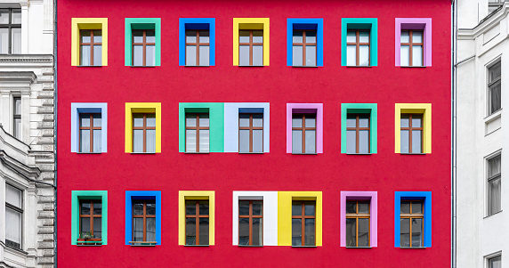 Low angle view of colorful building and windows - Berlin Kreuzberg