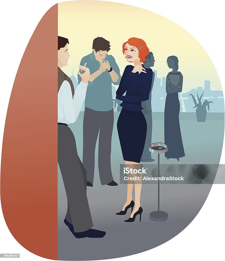 Company employees smoking outside of office, talking Illustration of office workers banned to the roof of the building to smoke. They are discussing something. The gloaming city is visible in the distance. Adult stock vector