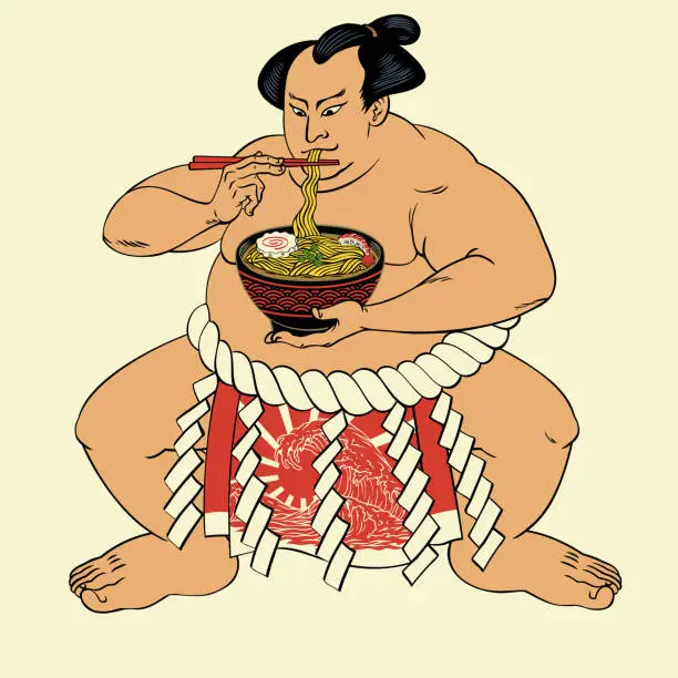 Vector illustration of Vintage Hand Drawn Art of Sumo Eat Delicious Ramen in Edo Style Illustration