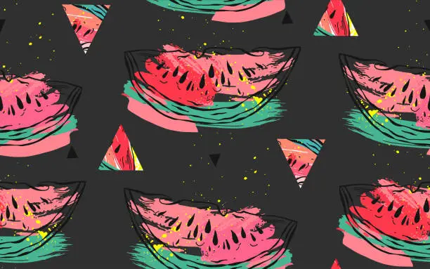 Vector illustration of Hand drawn vector abstract collage seamless pattern with watermelon motif and triangle hipster shapes isolated on black background.Unusual decoration for summer time wedding,birthday,save the date
