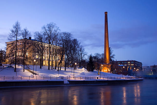 Tammerkoski at night in winter of Tampere city, Finland