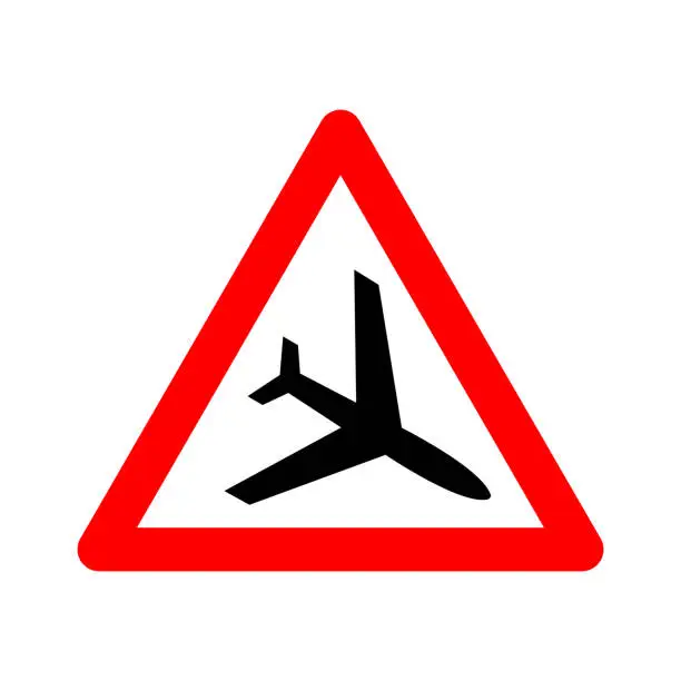 Vector illustration of Low flying aircraft sign. Warning sign about low-flying aircraft. Red triangle sign with an airplane silhouette inside. Caution, planes. Beware helicopter at low altitude. Droga near airport.