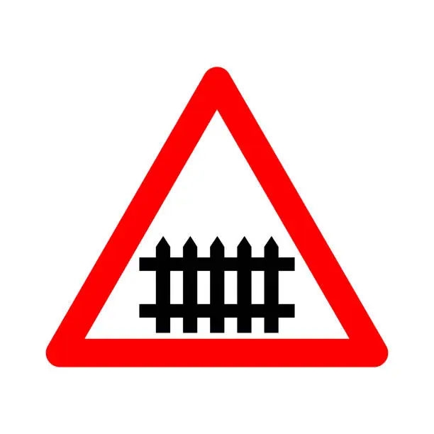 Vector illustration of Railway crossing sign with slagbaum. Warning sign railway crossing with barrier or gate. Red triangle sign. Caution train. Beware railway colia. Road sign.