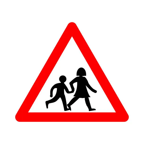Vector illustration of Schoolchildren sign. Schoolchildren warning sign. Red triangle sign with a silhouette children schoolchildren inside. Caution when children go out on the road. School near the road. Road sign.
