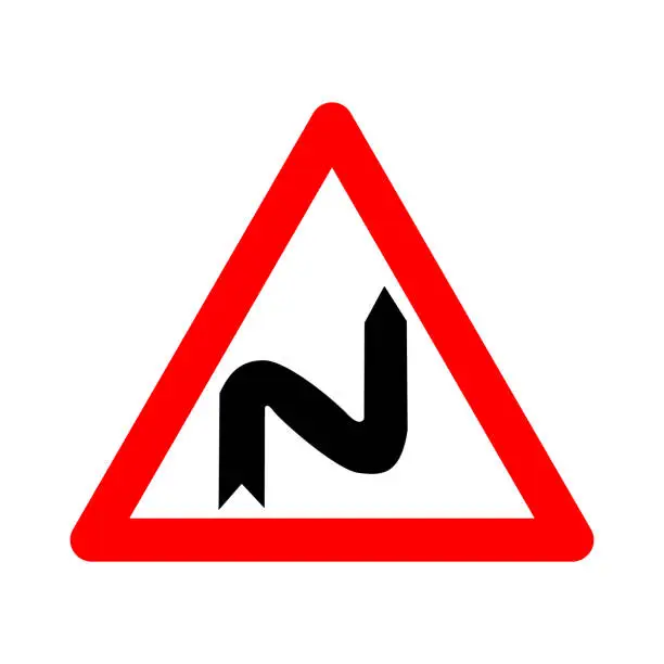 Vector illustration of A few turns sign. Warning sign several turns. Red triangle sign with a silhouette of twisting line inside. Caution on the road. Dangerous turns with the first turn to the right. Road sign.