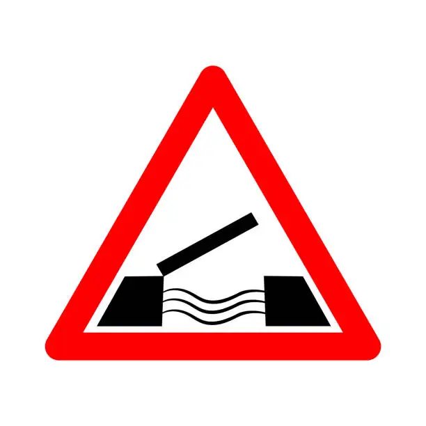 Vector illustration of Drawbridge sign. Warning sign drawbridge. Red triangle sign with silhouette drawbridge inside. Caution drawbridge over water. Road sign.