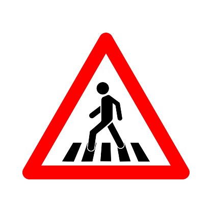 Pedestrian crossing sign. Warning sign pedestrian crossing. Red triangle sign with silhouette man walking along crosswalk inside. Caution unregulated pedestrian crossing. Road sign