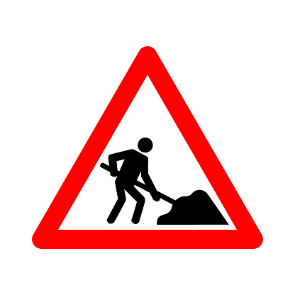 Road works sign. Attention, road works are underway. Warning sign work on road. Red triangle sign with silhouette working person inside