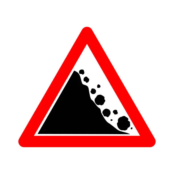 Vector illustration of Falling stones sign. Warning road sign falling stones. Red triangle sign with a falling stone icon inside. Road sign. Caution landslide. The zone of falling stones, the collapse of mountains.
