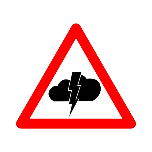 istock Storm warning sign. Red triangle sign with lightning and cloud icon inside. Beware of bad weather. Thunderstorm danger. Watch out for lightning bolts. Hurricane, thunderstorm, storm, squally wind. 1542861259